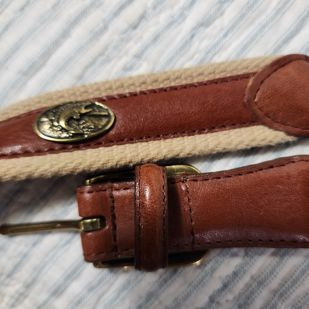Mens Canvas and Leather Fishing Belt Brown Tan Brass Fish Medallions Size 40